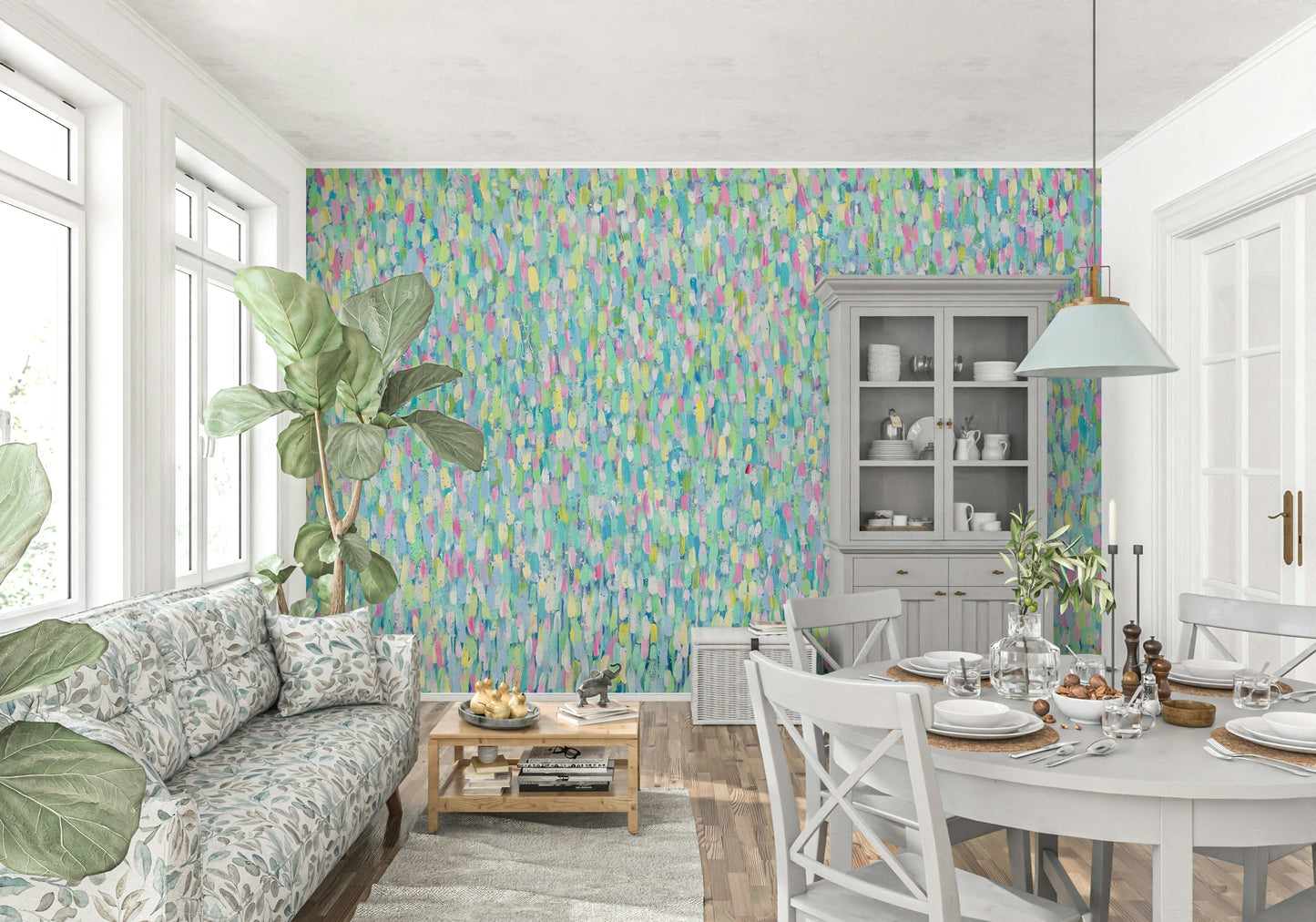 A beautiful modern art wall mural of delicate lines.