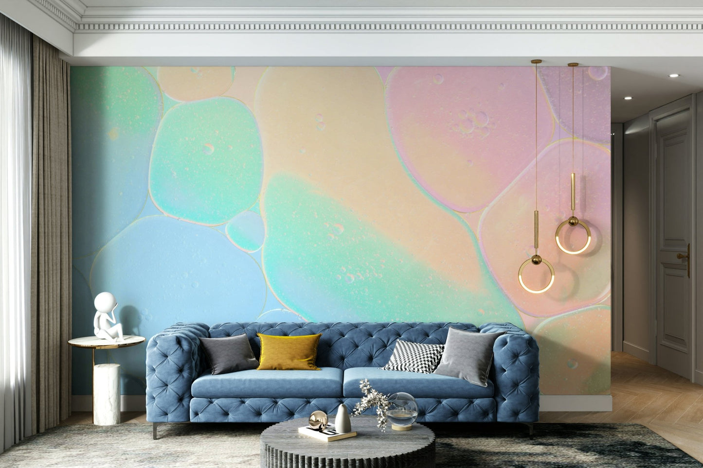 The texture looks like oil on water or translucent bubbles.

