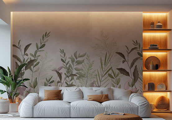 Pristine Haven wallpaper mural with green botanical leaves behind a white sofa and lit wooden shelves in a living room