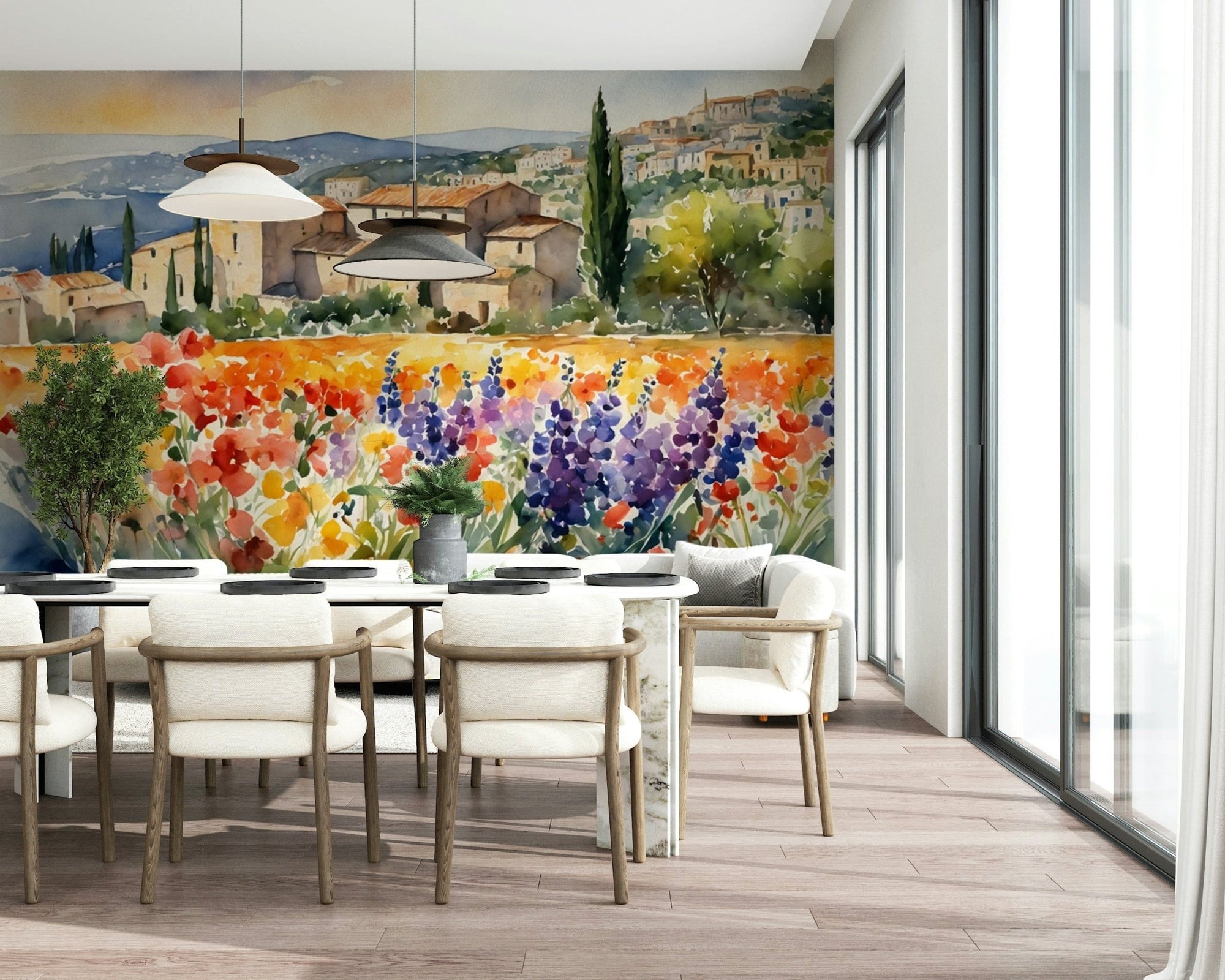 Provençal Vista wall mural of a watercolor hillside village and flower field behind a white dining table and cream chairs