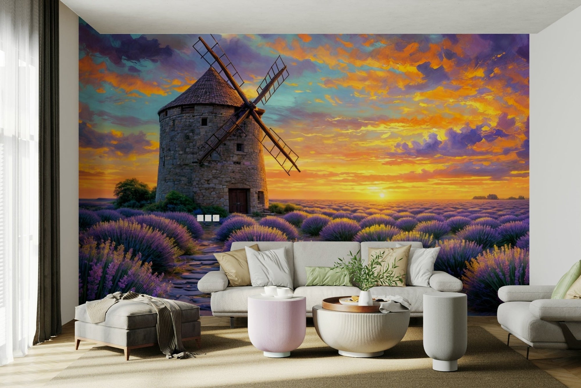A wall mural featuring a peaceful field of lavender.


