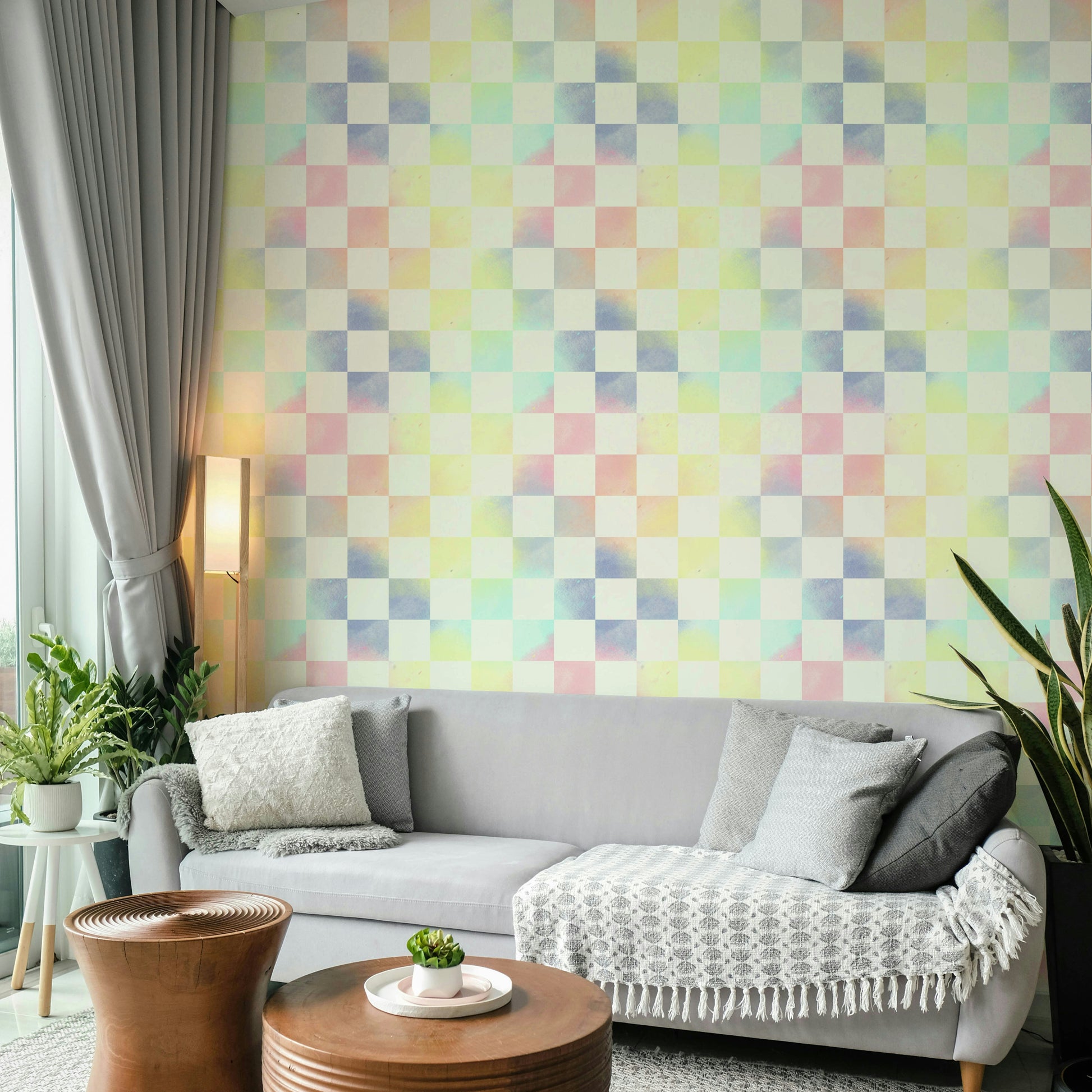 Color-shifting check wallpaper for statement walls

