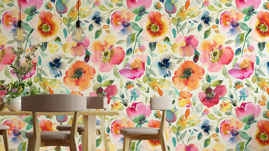 Psychedelic Spring Poppies Orange Wallpaper with bold vintage blooms.

