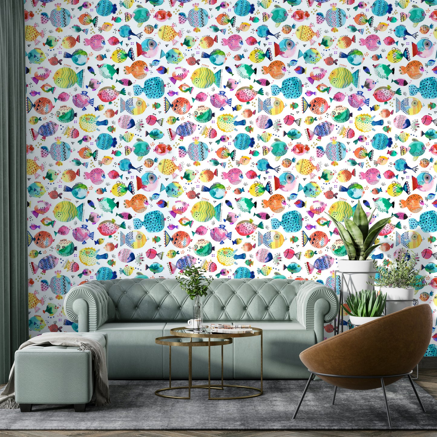 Wallpaper featuring cute puffer fish and underwater elements.

