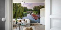 The room's lighting highlights the serene, quiet feel of the mural.

