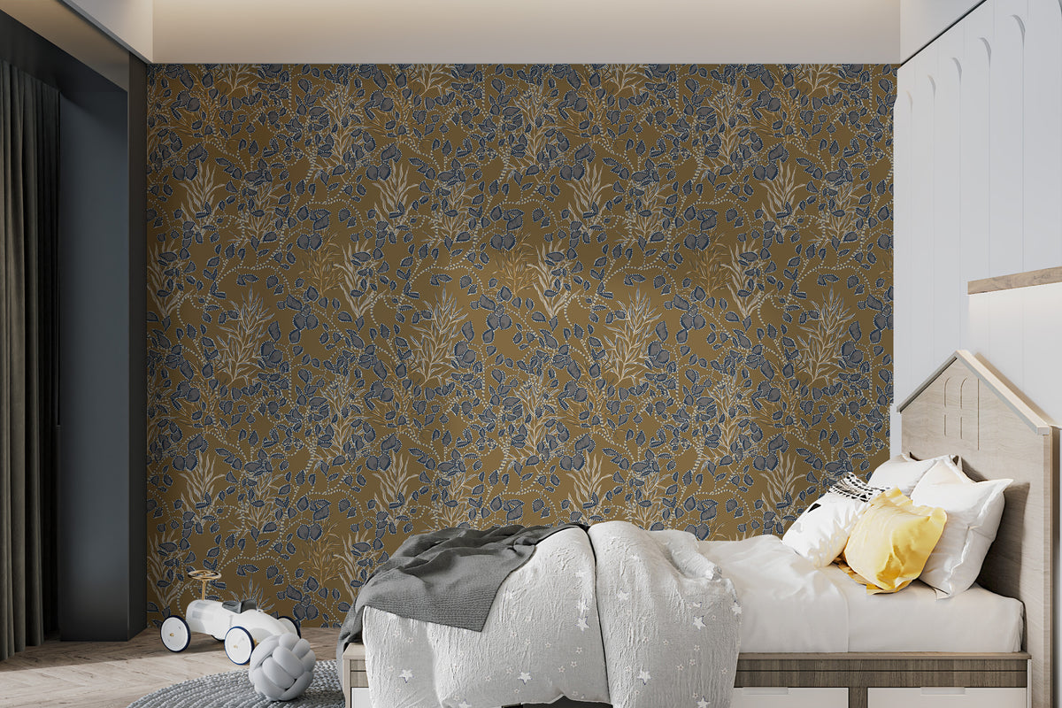 Bohemian Amber Jewel wallpaper with navy and gold florals on amber in a kids room with a house-shaped bed