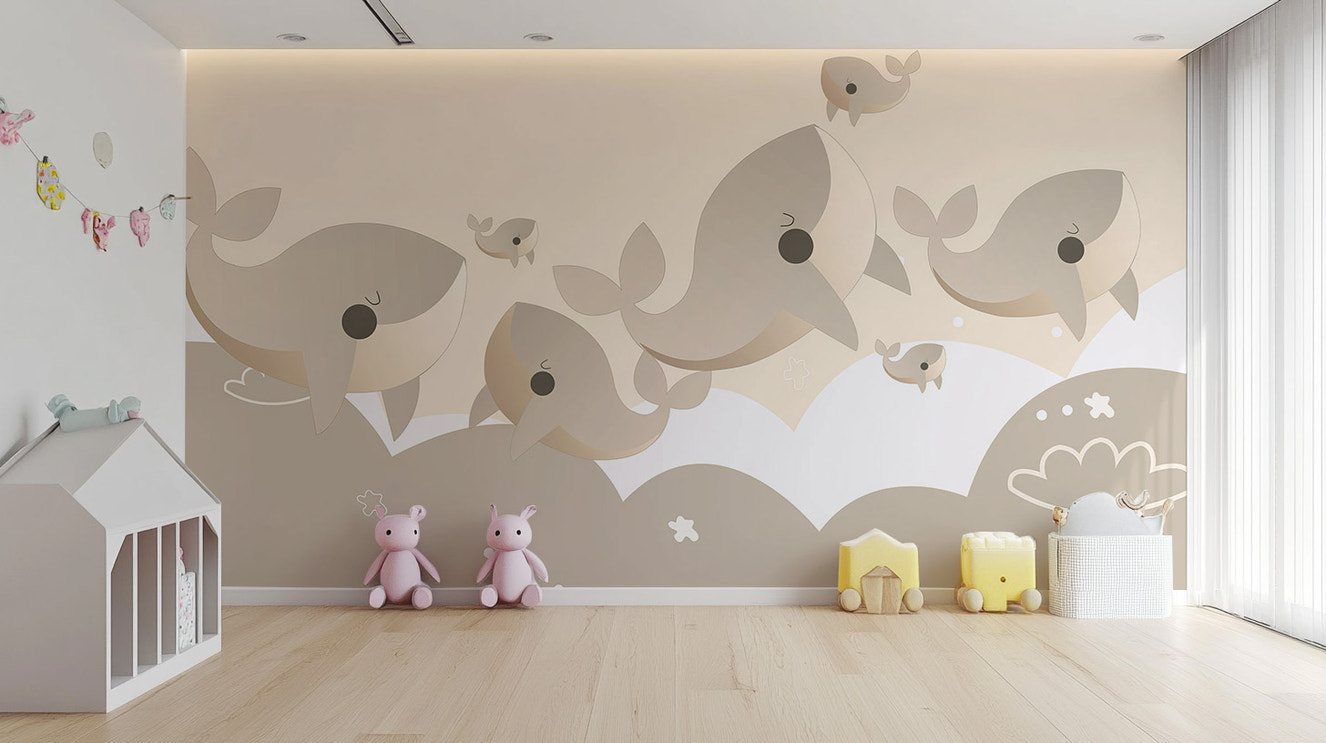 Cuddly Cetaceans Wall Mural in a playroom with white bunny chairs and a small table using peel and stick material.