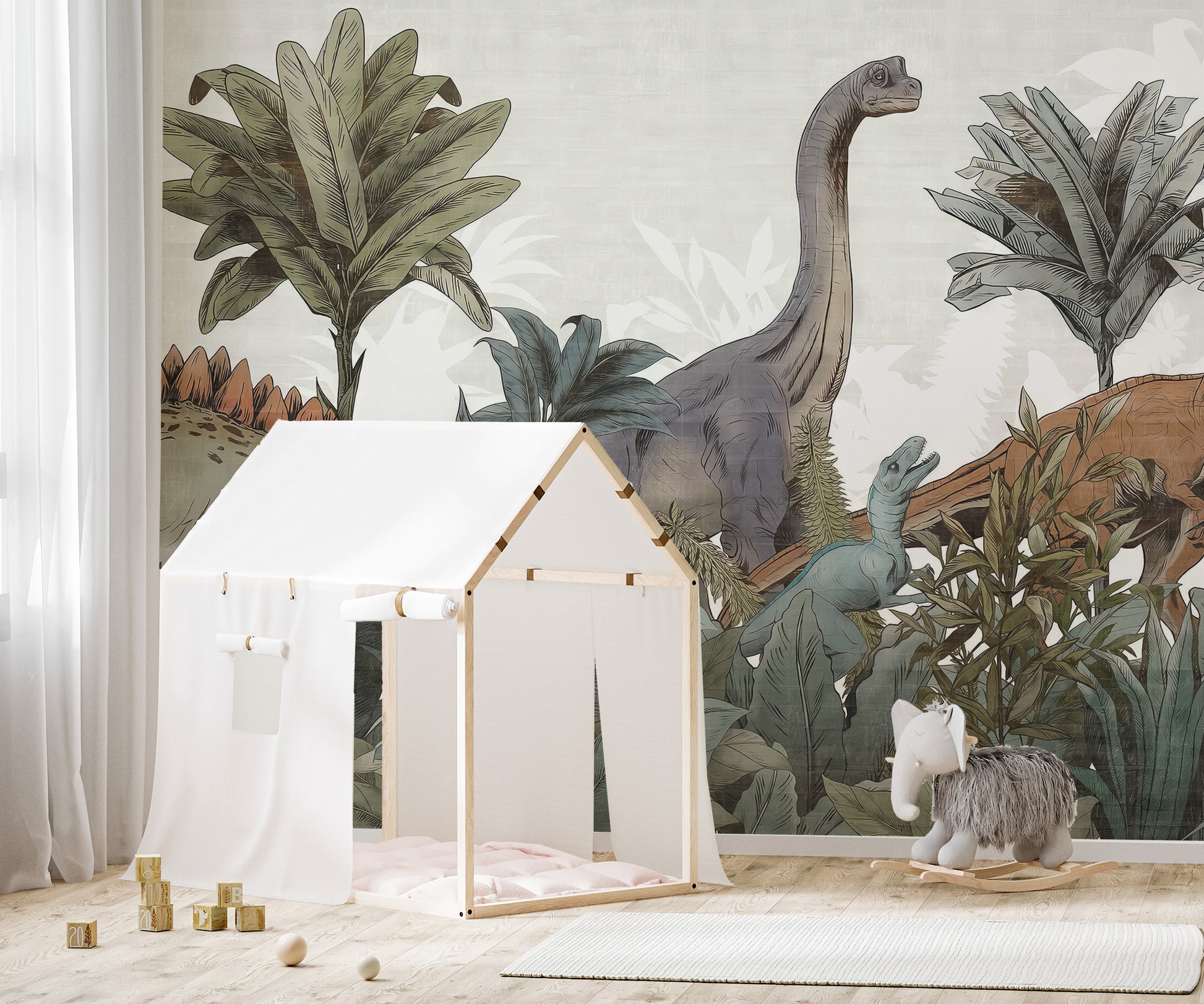 Jurassic Journey wallpaper mural with sketched dinosaurs and palms behind a white play tent and elephant rocker in a kids room
