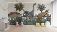 Jurassic Journey wallpaper mural with dinosaurs and green jungle in a kids playroom with a house-shaped shelf and bunny toys