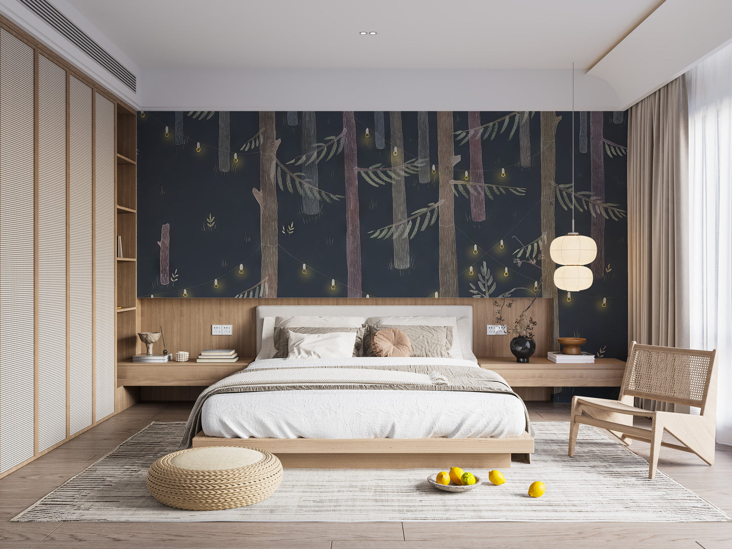 Midnight Grove Fairy Lights wallpaper mural with glowing lights above a low wood platform bed and rattan chair in a bedroom