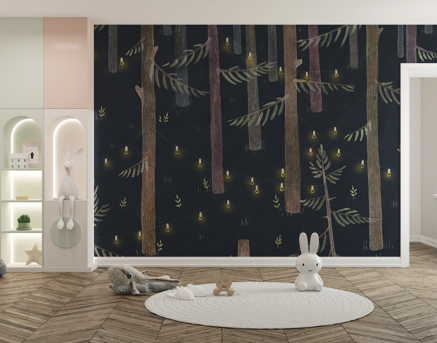 Midnight Grove Fairy Lights wallpaper mural of a navy forest with glowing lights above bunny toys and a rug in a kids room