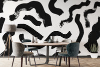 Dining room using temporary Modern Art Black Brushstrokes Wallpaper to add personality without damaging the walls.