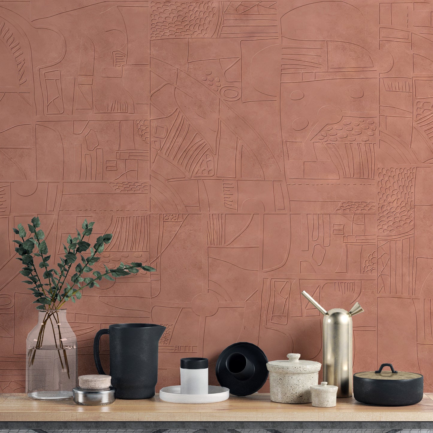 Mystic Terracotta wallpaper mural close-up showing the etched abstract pattern detail behind eucalyptus and ceramic vessels