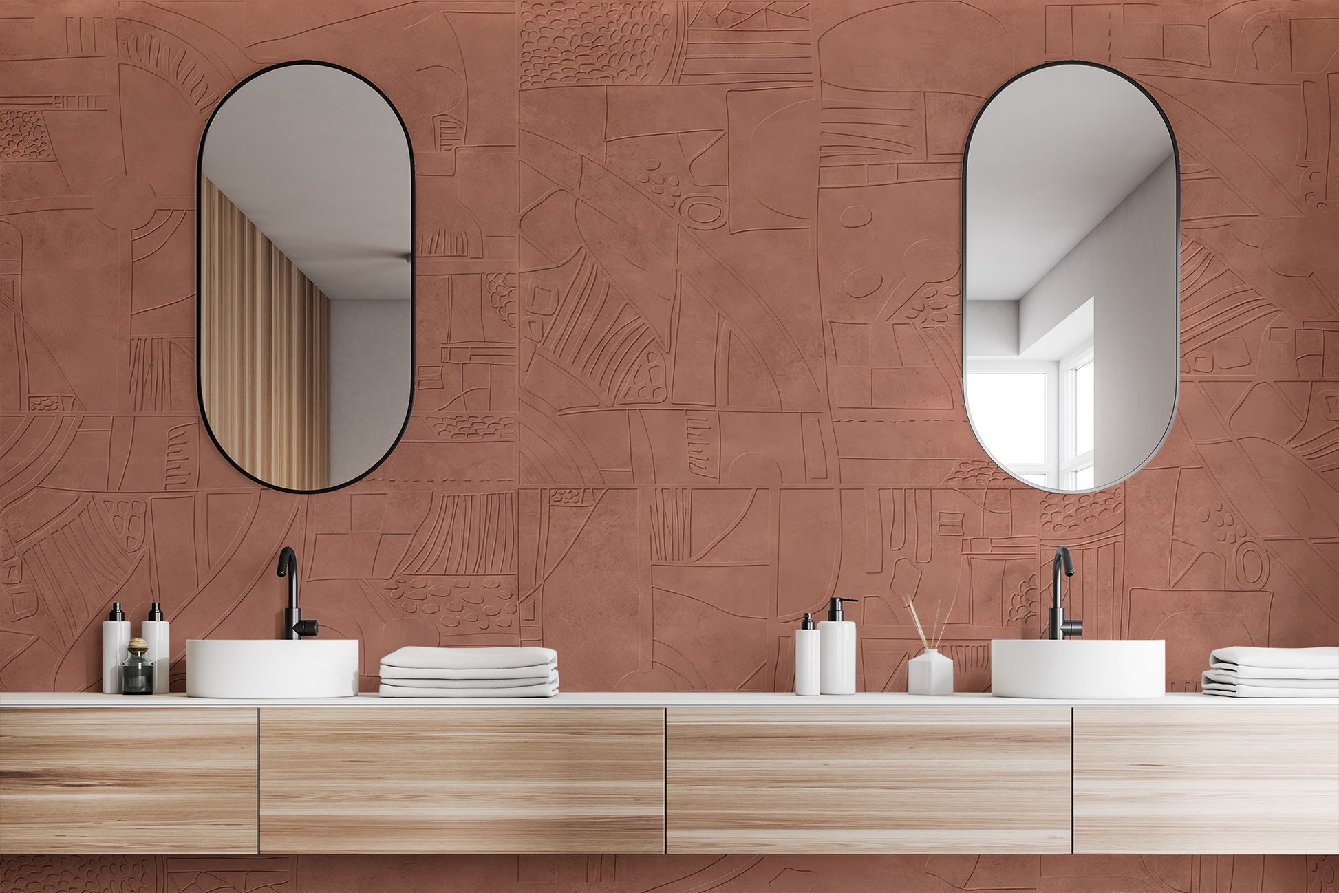 Mystic Terracotta wallpaper mural of carved abstract lines behind a double wood vanity with two oval mirrors in a bathroom