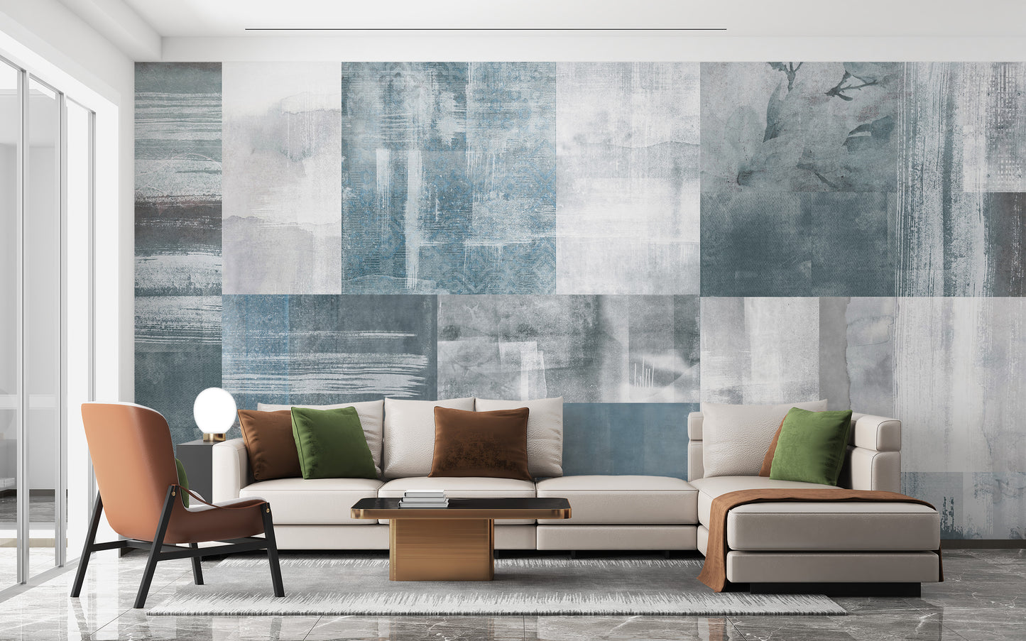 Vintage Elegance wallpaper mural in blue-grey abstract behind a cream sectional and terracotta chair in a living room