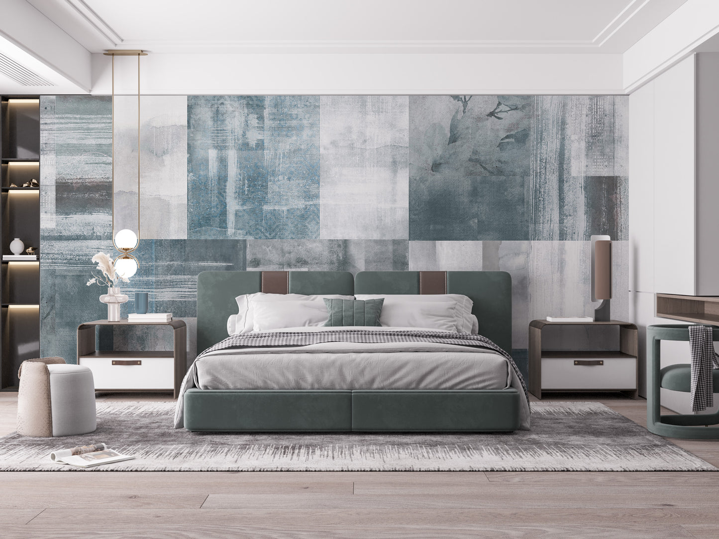Vintage Elegance wallpaper mural in abstract blue-grey brushstrokes behind a sage-green bed in a modern bedroom