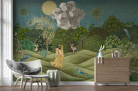 Bedroom headboard wall mural, soft botanical print in green and cream, modern relaxed look