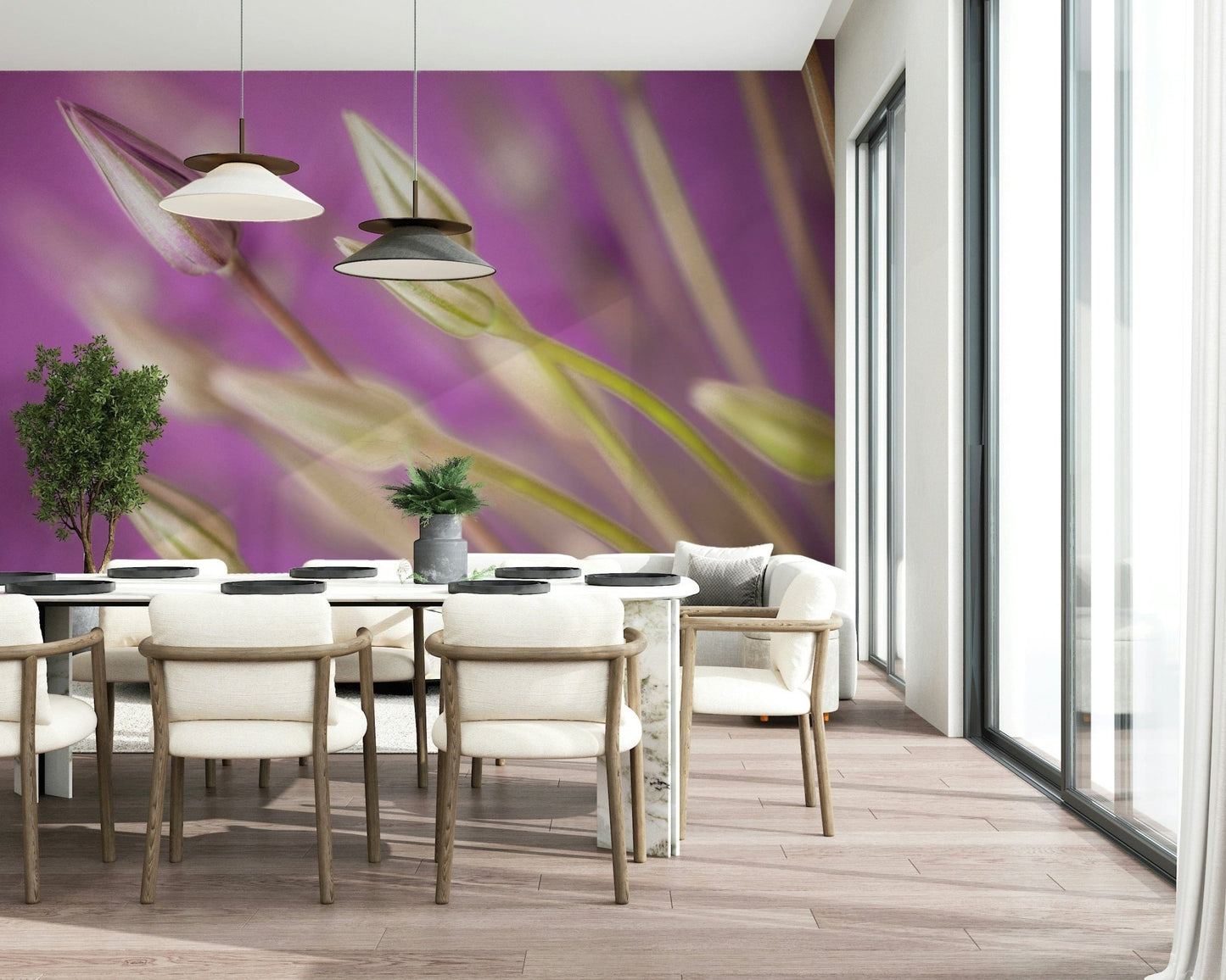 This wallpaper presents a macro view of purple alliums that adds a gentle botanical touch to any space.