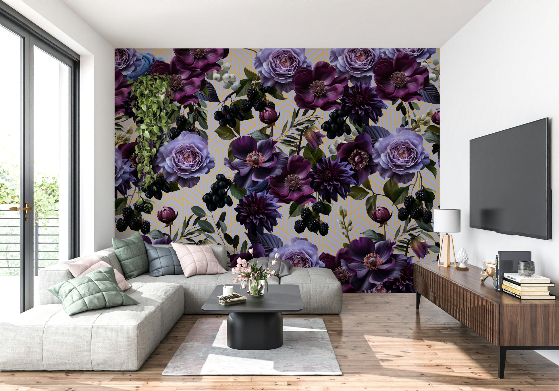 A beautiful modern flower wall mural for a living room.


