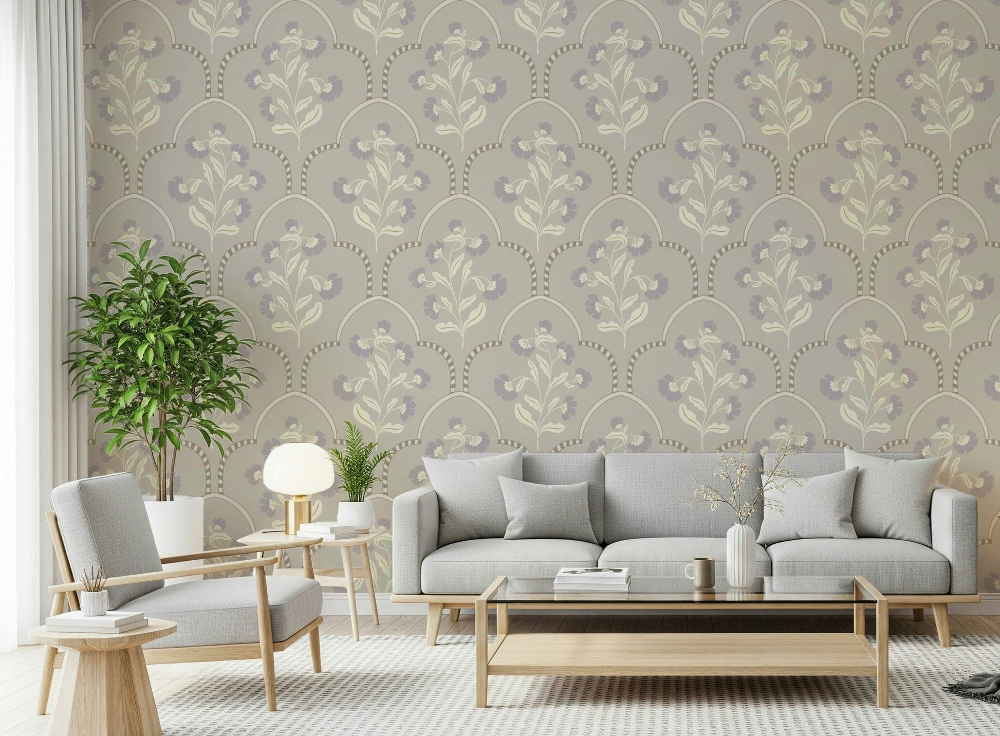 Delicate floral print wall mural Floral Lattice arched shapes.