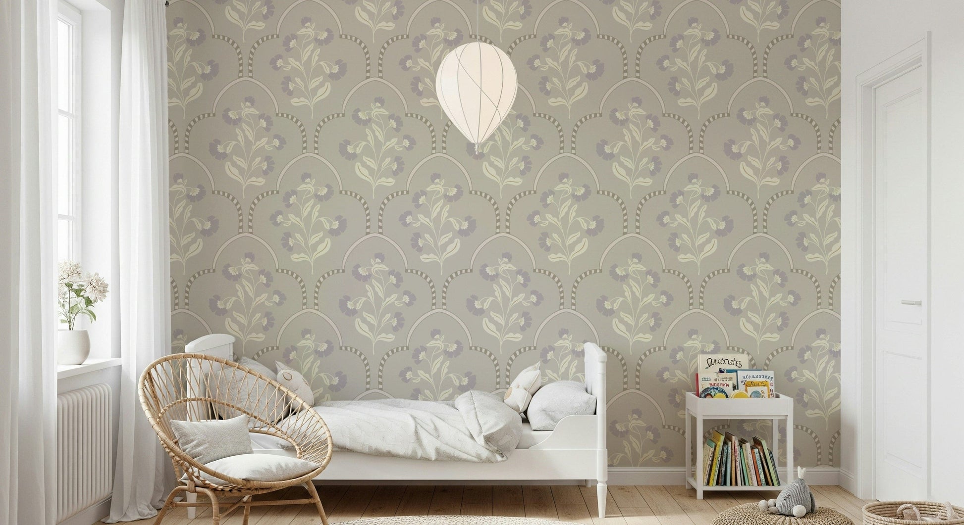 Charming wall mural Floral Lattice subtle scalloped trellis motif.