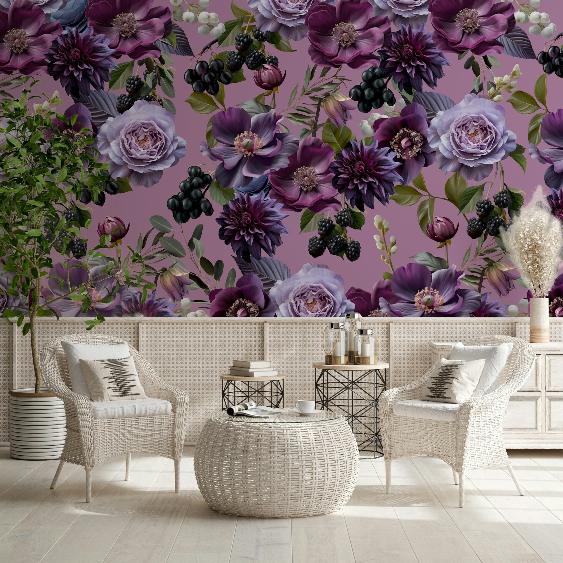 A peaceful dark garden mural on decorative wallpaper.

