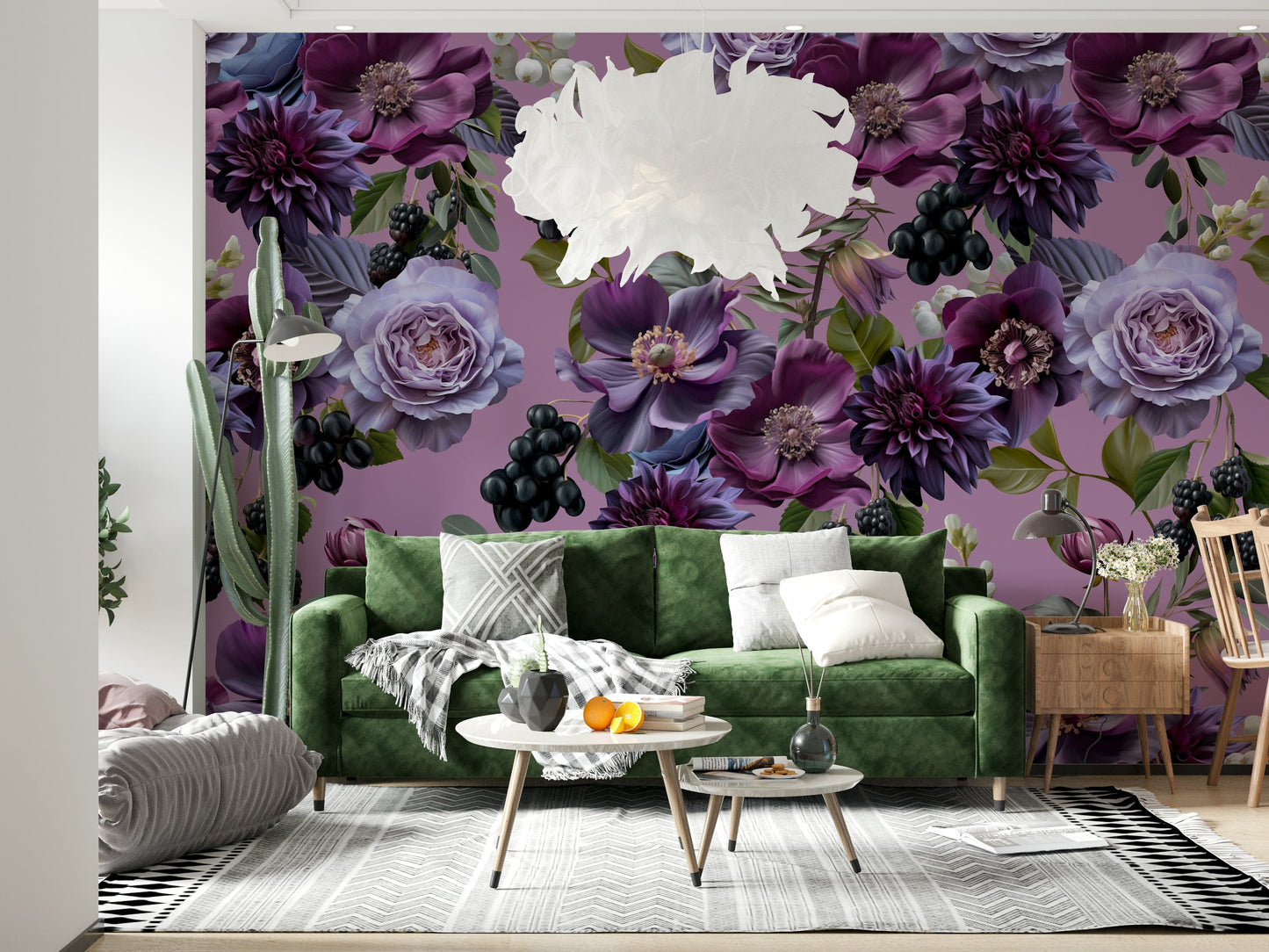 A serene elegant flower wall mural for dramatic decor.

