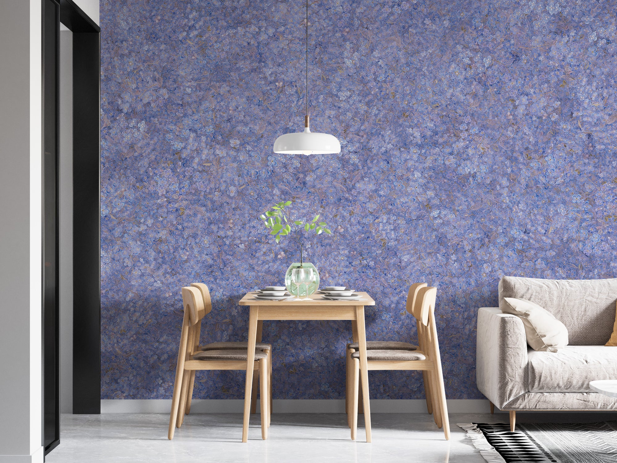 Purple Floral Pattern Embroidery wallpaper mural behind a light-wood dining table and chairs by a grey sofa