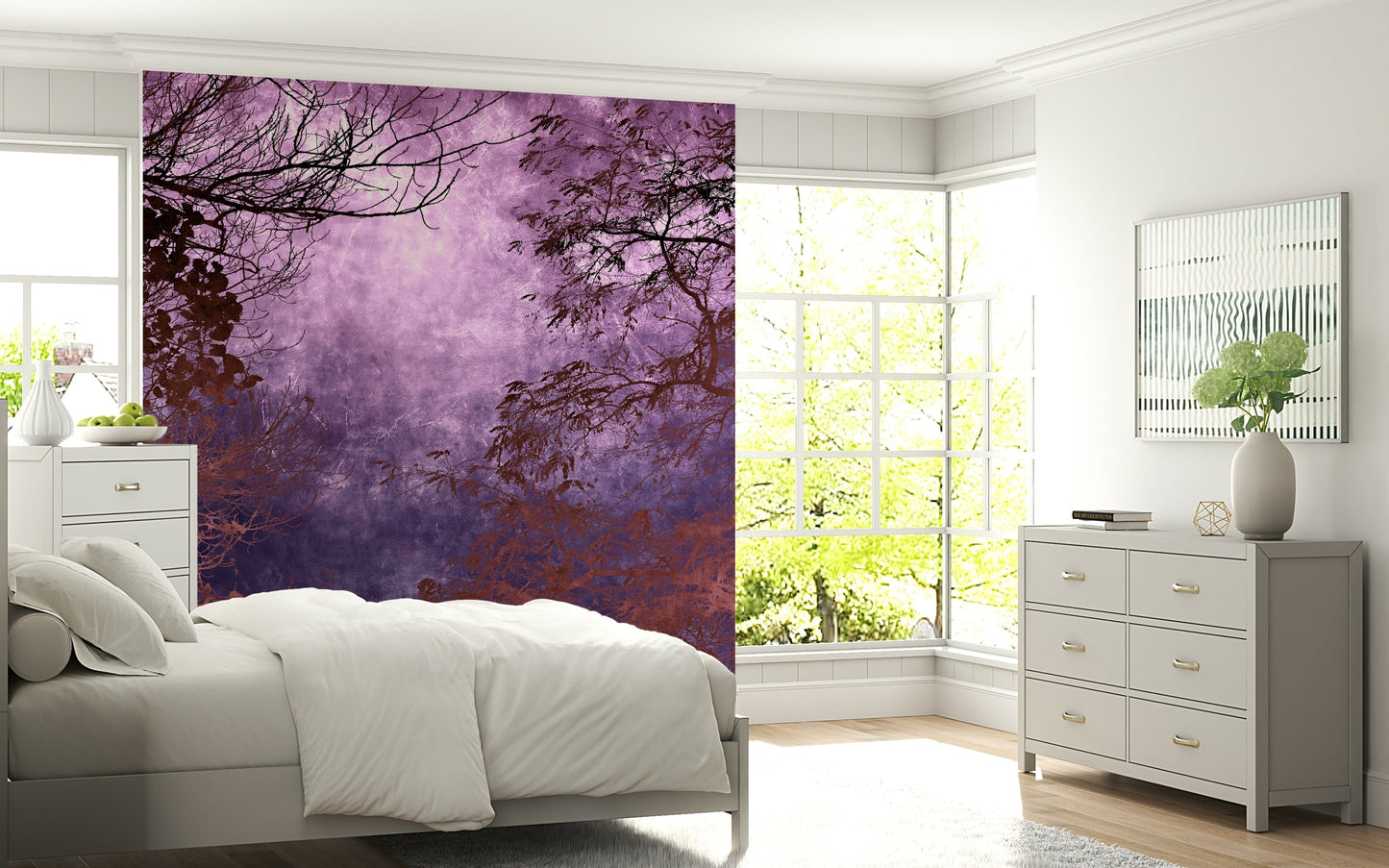 Spooky Purple Woods wall covering bare limbs design.