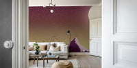 Modern apartment living room featuring a serene mountain landscape mural.