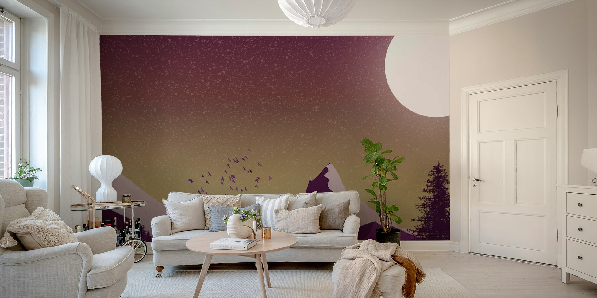 Close up of the matte finish on a purple mountain wallpaper for a guest room.