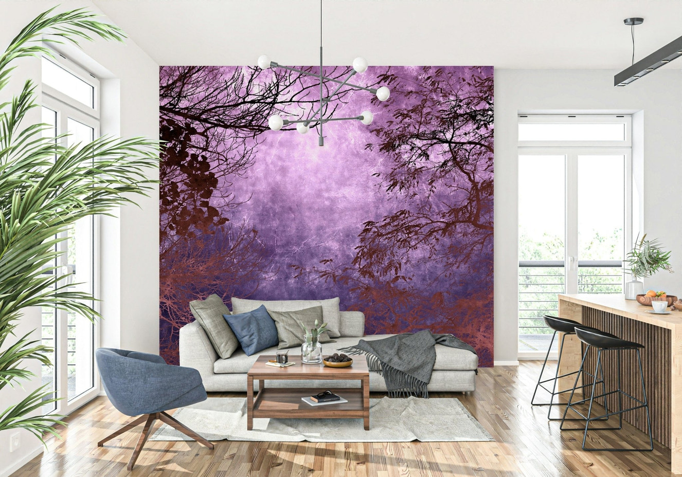 Purple Woods wall mural with silhouetted tree branches