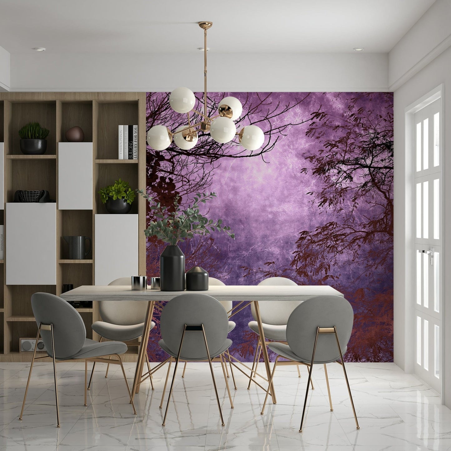 Dark tree silhouettes on purple sky wall mural