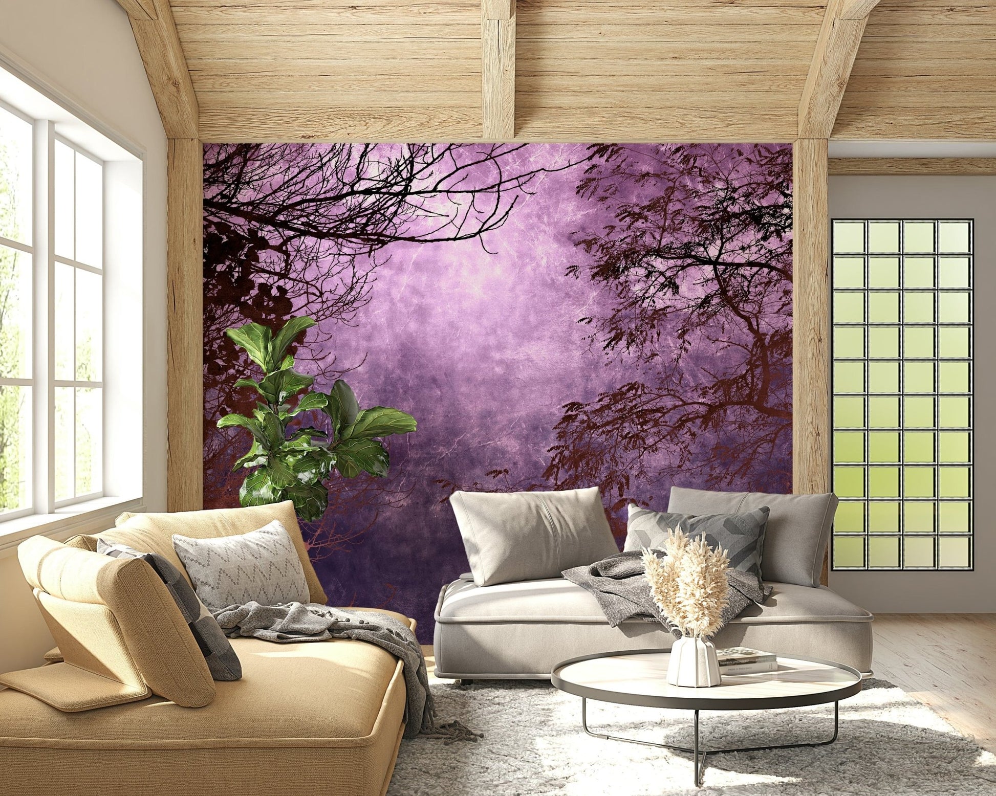 Violet sky forest wall mural with layered trees