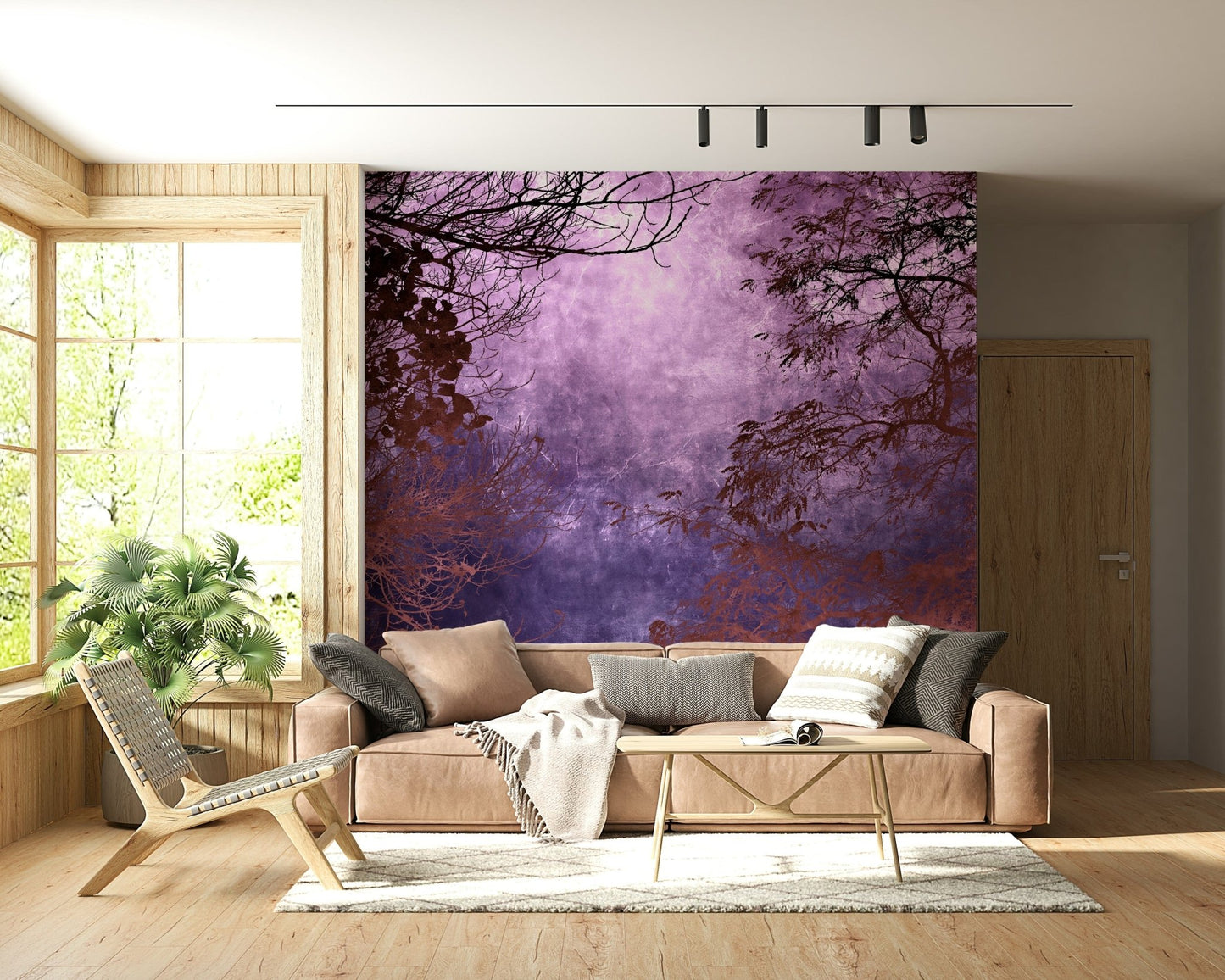 Deep purple sky wall mural framed by dark branches