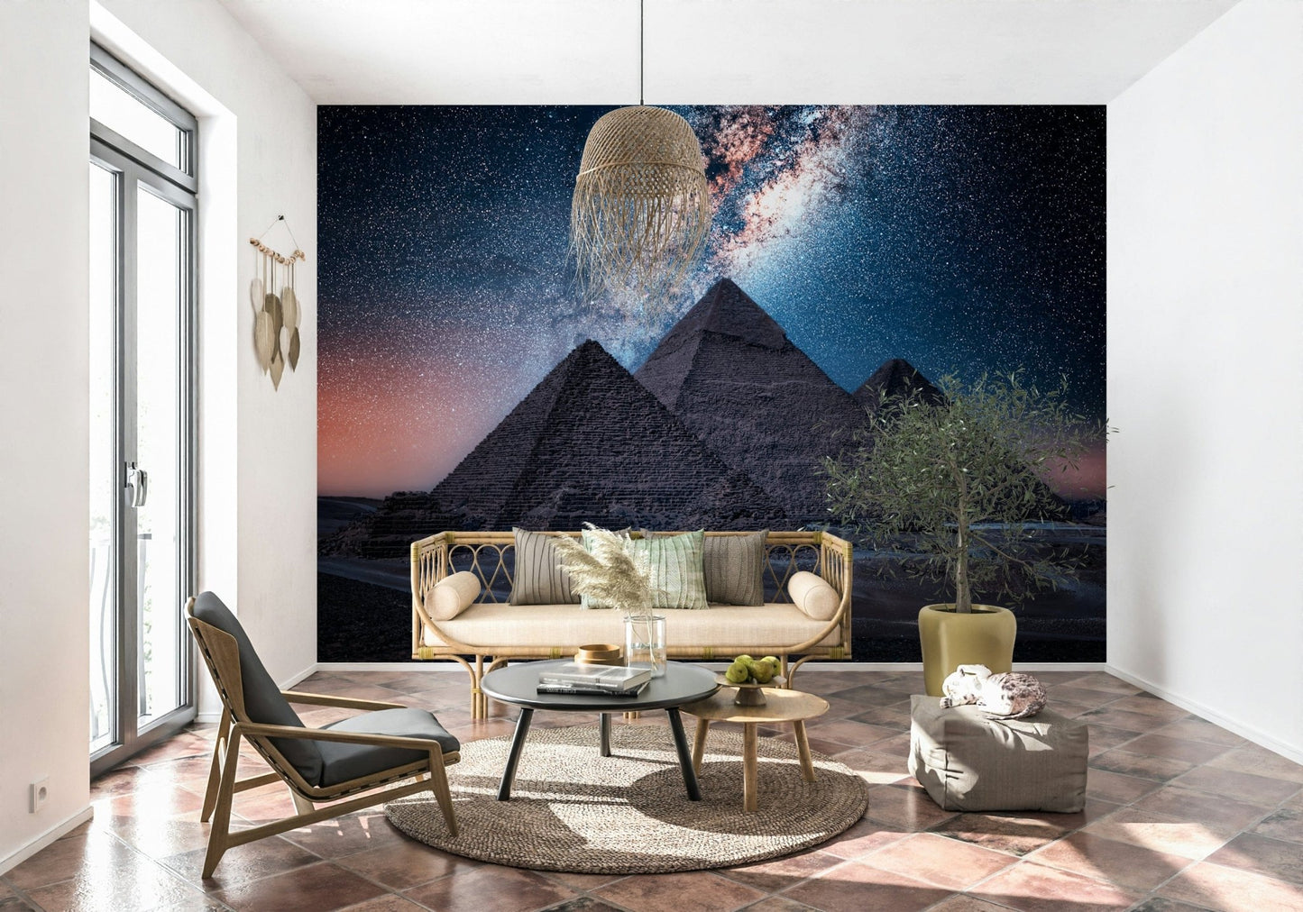 Dark sky pyramids wall mural featuring stars and sand dunes