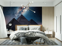 Night sky pyramids wall mural with Milky Way above desert landscape