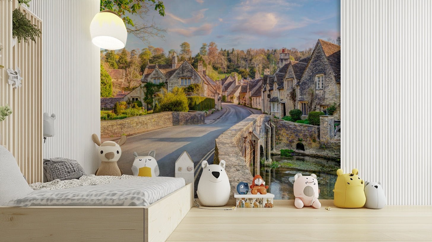 Quaint village wallpaper with bridge over stream


