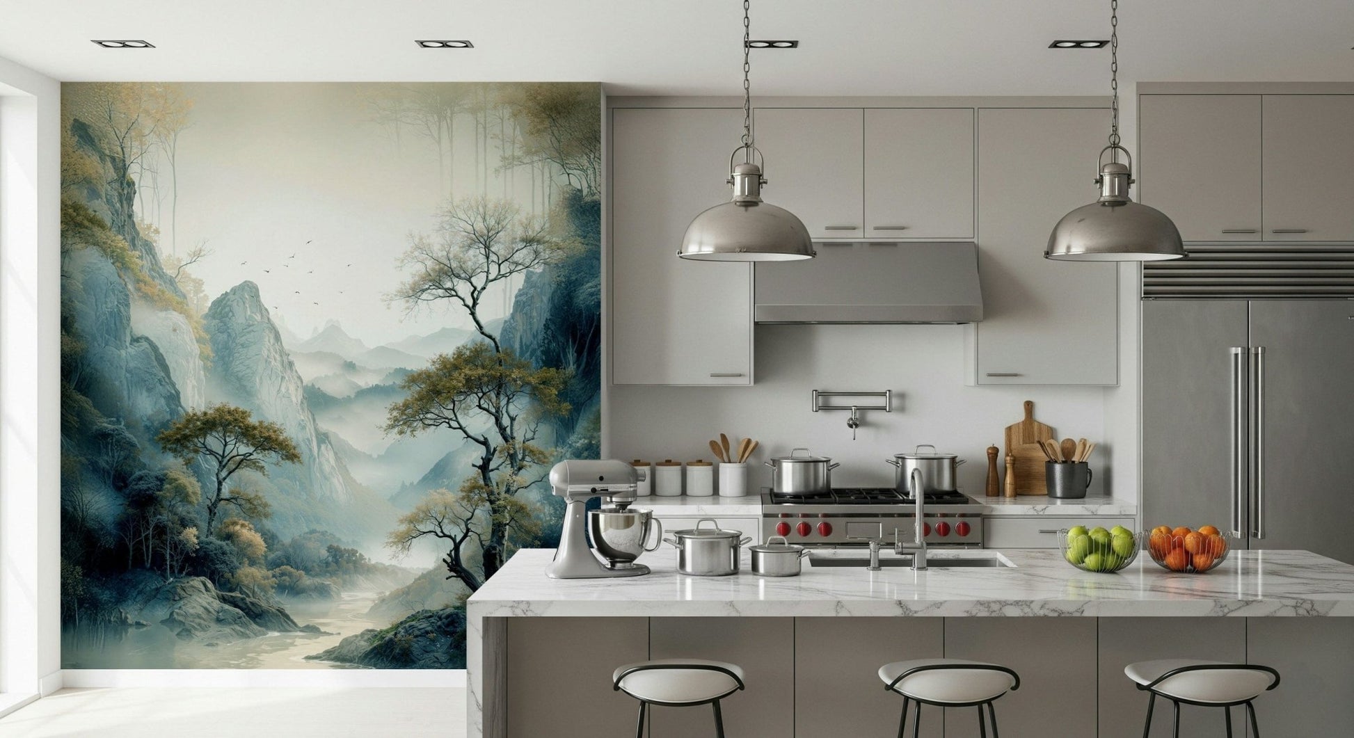 Scenic wall mural depicting a calm river nestled between rolling hills and natural greenery.