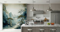 Scenic wall mural depicting a calm river nestled between rolling hills and natural greenery.