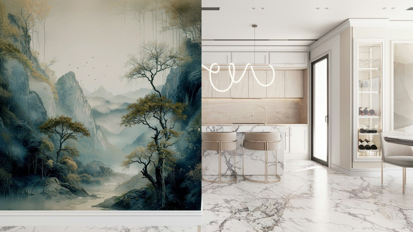 Landscape mural capturing the tranquility of a quiet river meandering through a sunlit valley.