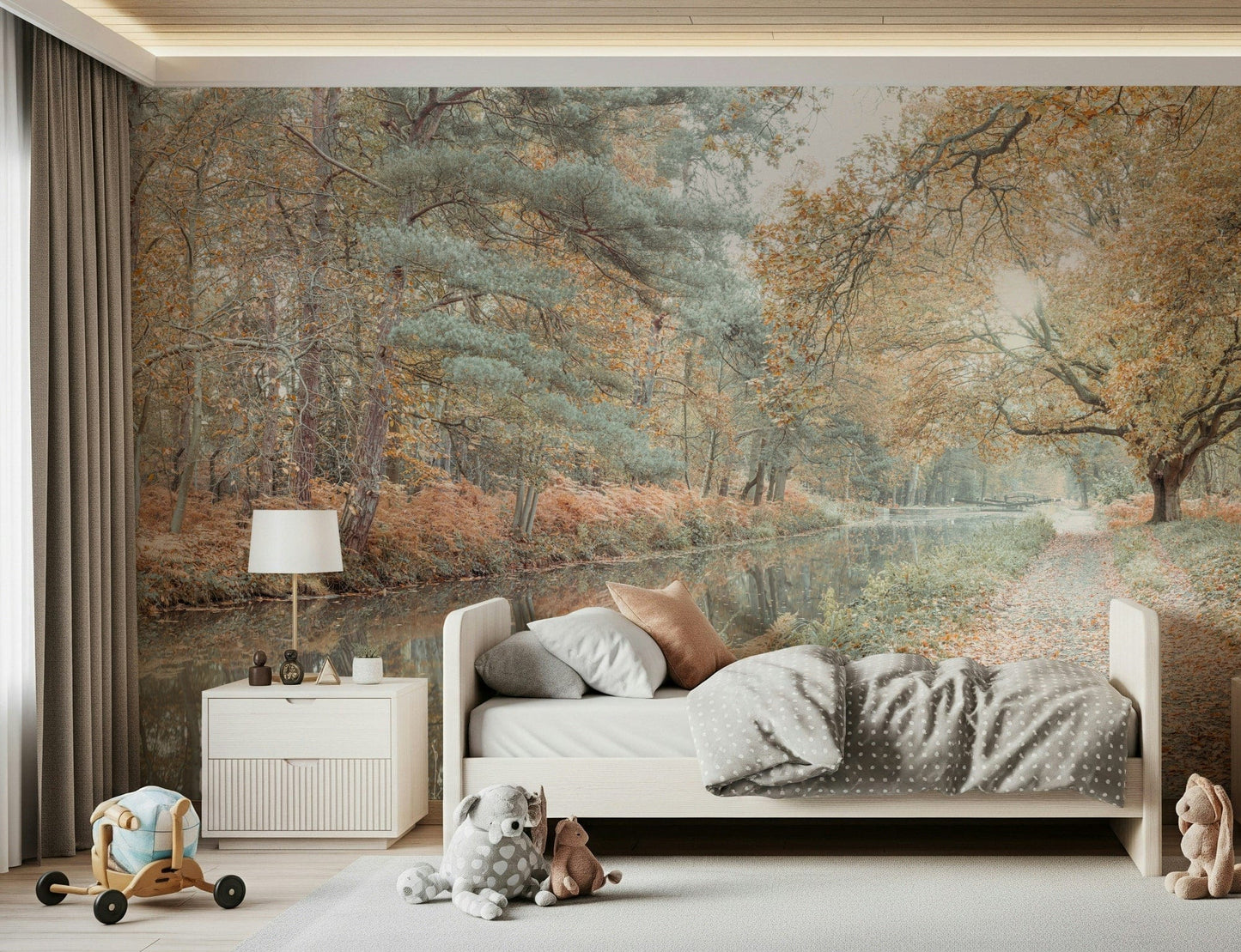 Forest and river wallpaper showcasing muted golden leaves and serene reflections.