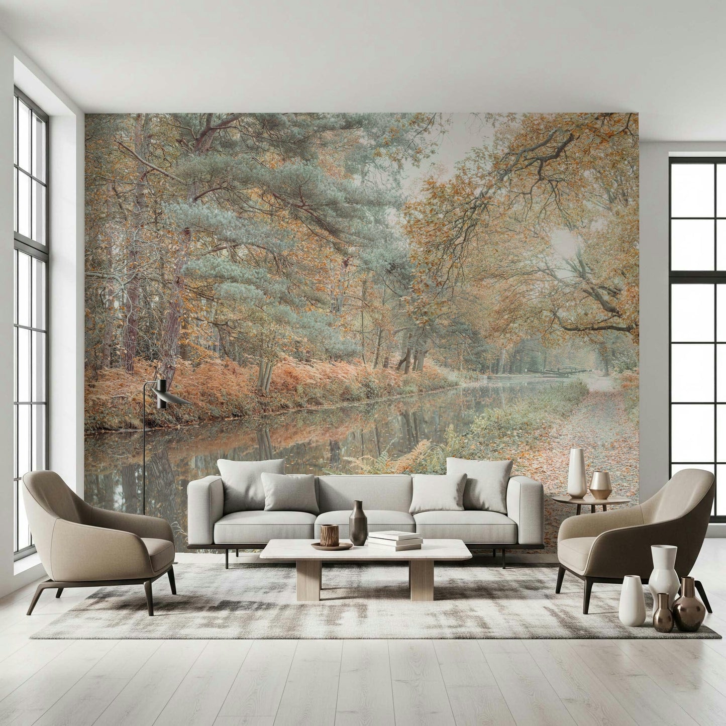 Nature wall mural with muted fall colors, tall trees, and a glassy river reflection.
