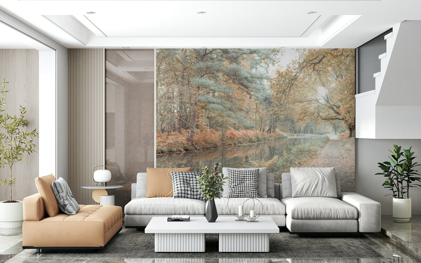 Serene riverbank wallpaper showing autumn foliage and a quiet walking trail.