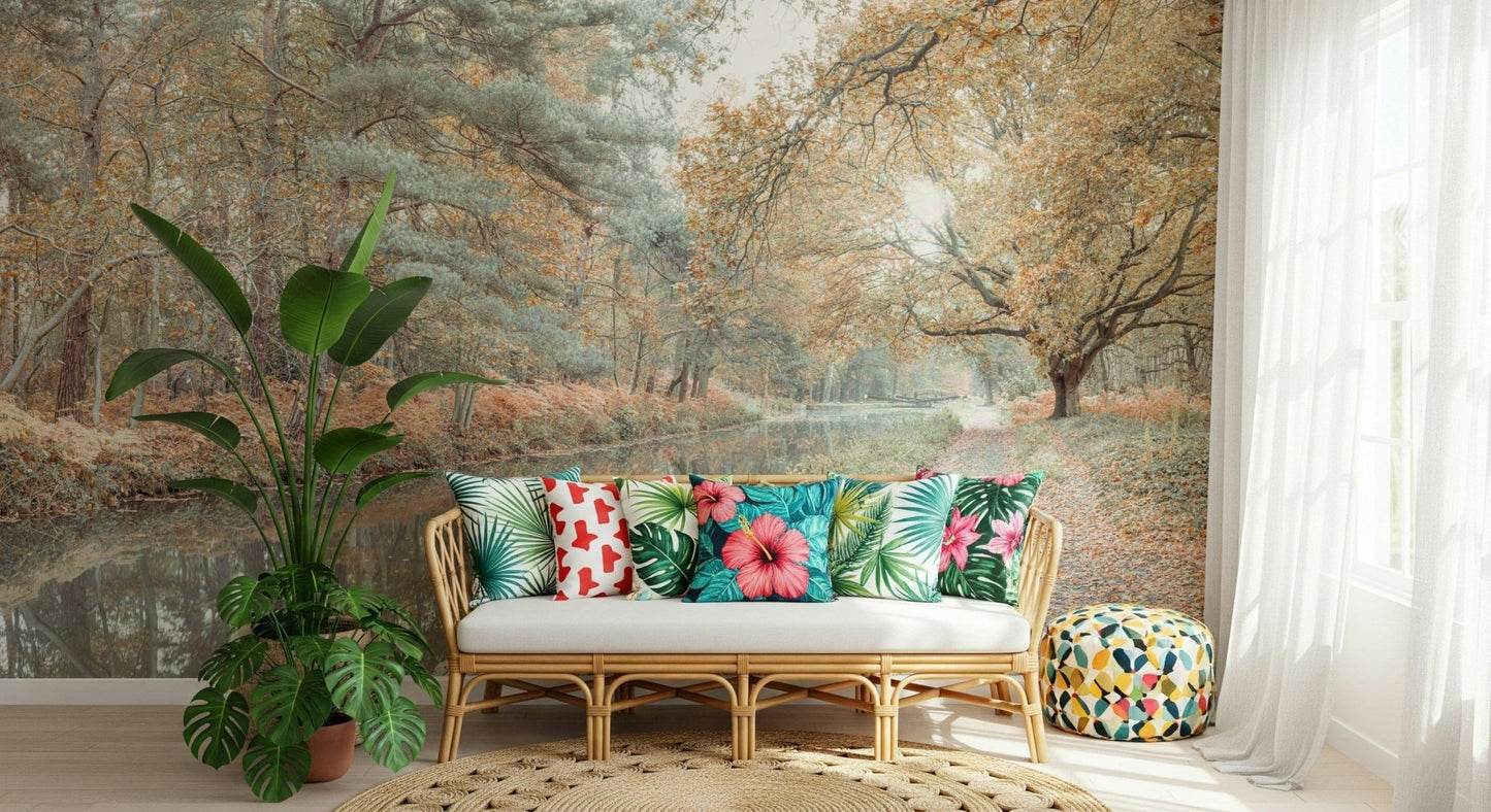 Wallpaper design depicting a quiet canal surrounded by orange and brown autumn trees.