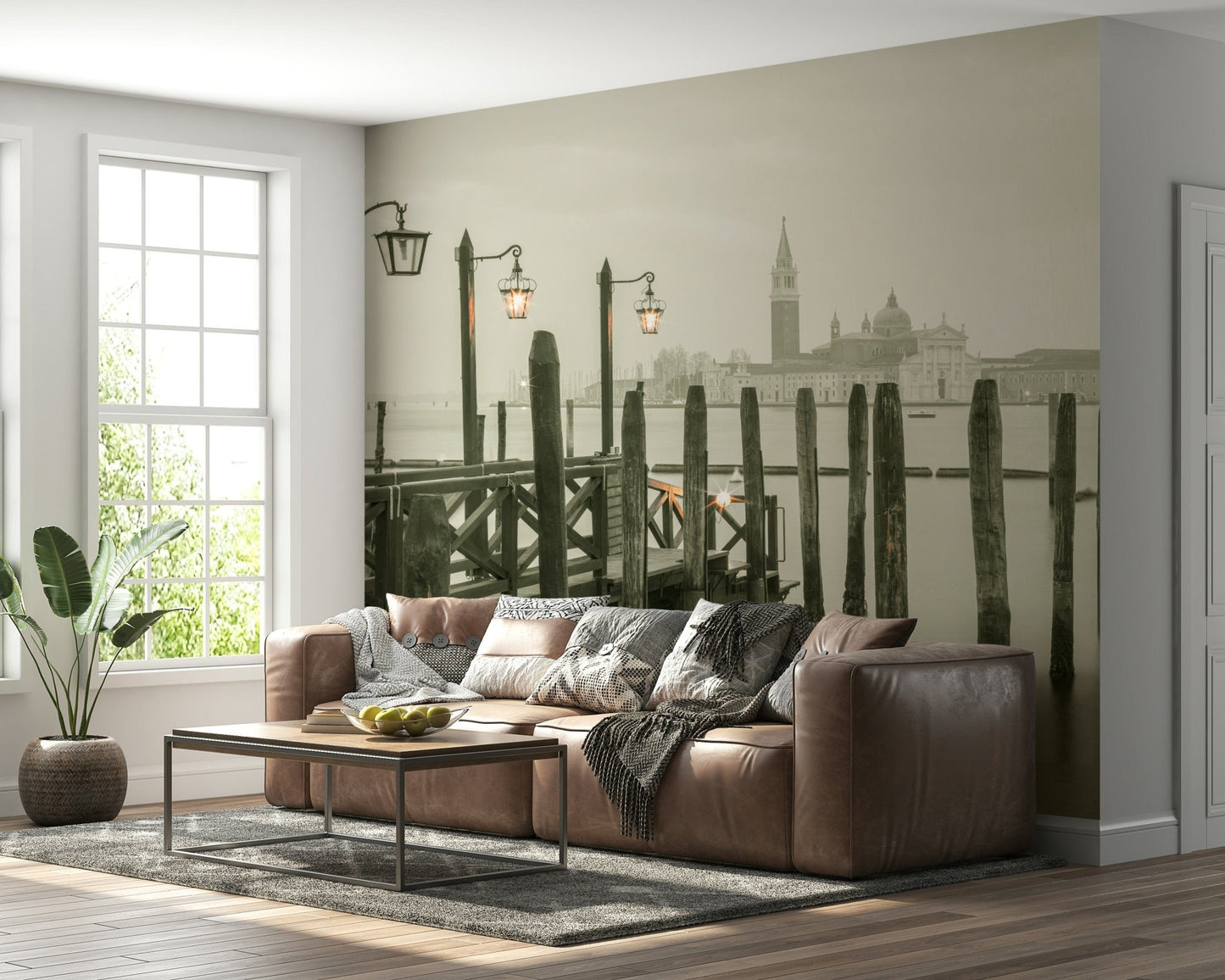 Monochrome harbor, distant landmark, Quiet Waterside Reflection accent wall.