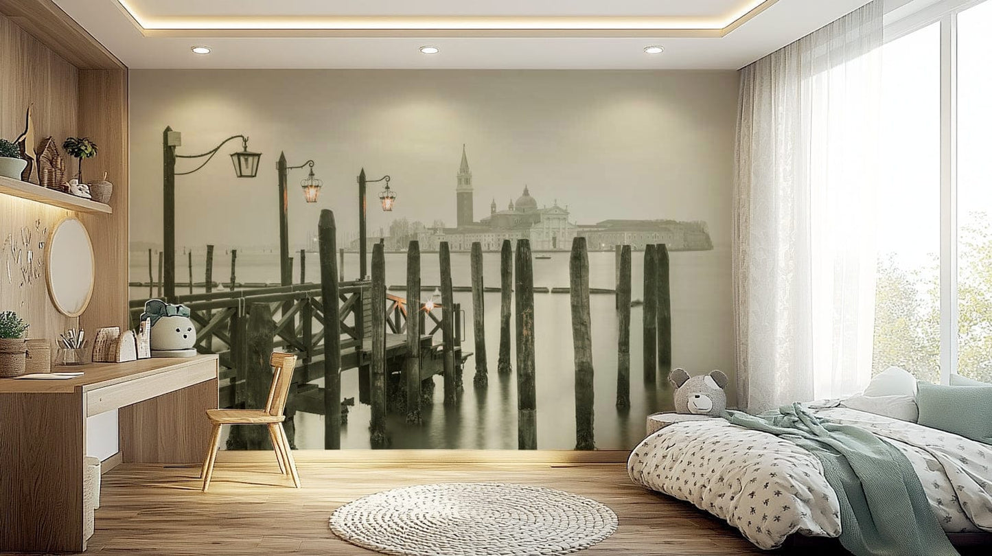 Calm water poles, glowing lamps, Quiet Waterside Reflection wallpaper.