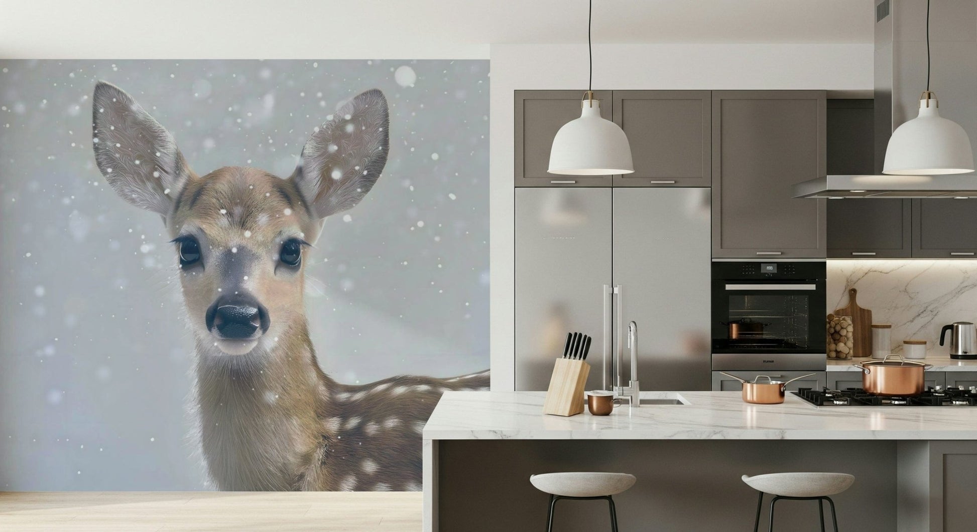 Whimsical winter wallpaper with a quiet fawn among snow-dusted trees and foliage.