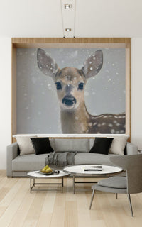 Wall mural with a gentle fawn and frosty winter scenery for a peaceful atmosphere.