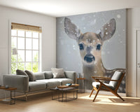 Quiet Winter Fawn Wall Mural featuring a gentle fawn in a snowy winter landscape.